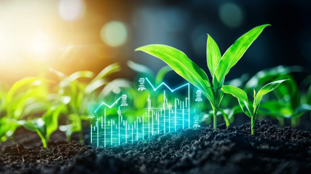 Global Agriculture Economics Concept Corn Farm with International Stock Market Symbols | Meridian Source