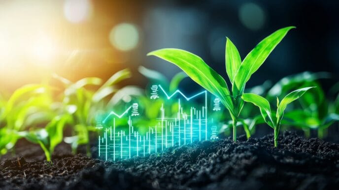 Global Agriculture Economics Concept Corn Farm with International Stock Market Symbols | Meridian Source