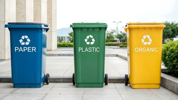Recycling bins for paper, plastic, and organic waste in a clean outdoor environment, promoting sustainability and waste management. | Meridian Source