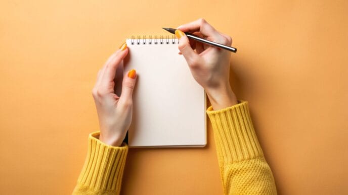 Top,View,Photo,Of,Female,Hands,In,Yellow,Pullover,Writing | Meridian Source