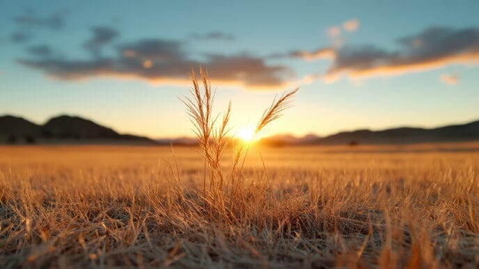 Golden grasses scatter light as the sun rises over a tranquil pr | Meridian Source