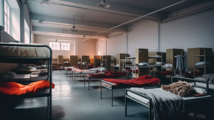 Rows of beds in a shelter The concept is social assistance | Meridian Source