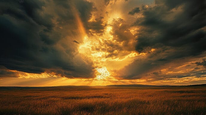 Stormy sky over a vast open grassland dark clouds with golden s | Meridian Source