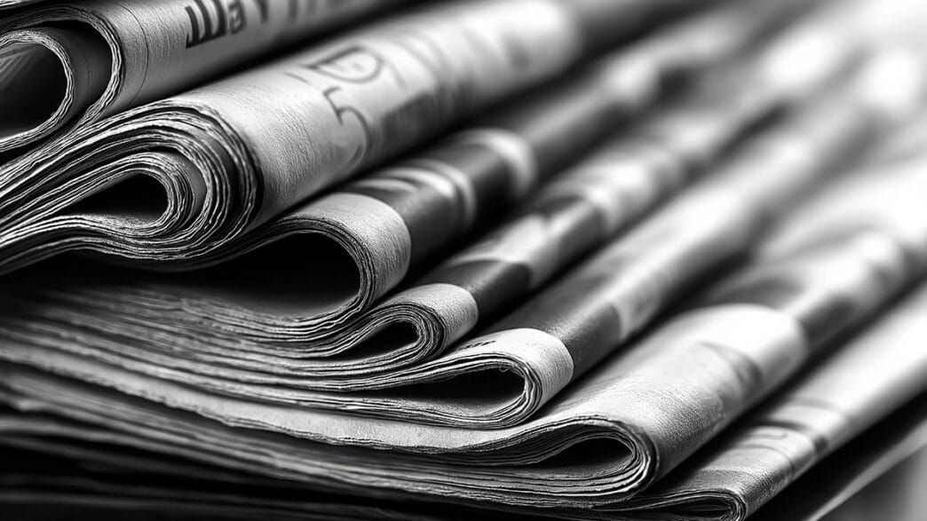 Close-up image of several neatly folded newspapers in black and | Meridian Source
