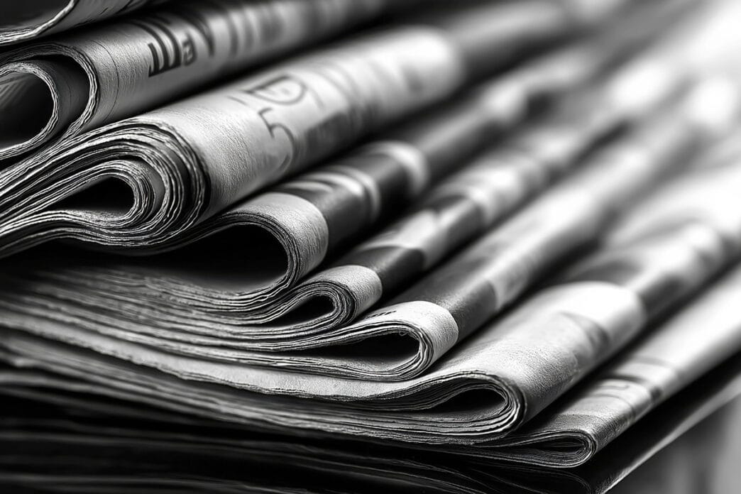 Close-up image of several neatly folded newspapers in black and | Meridian Source