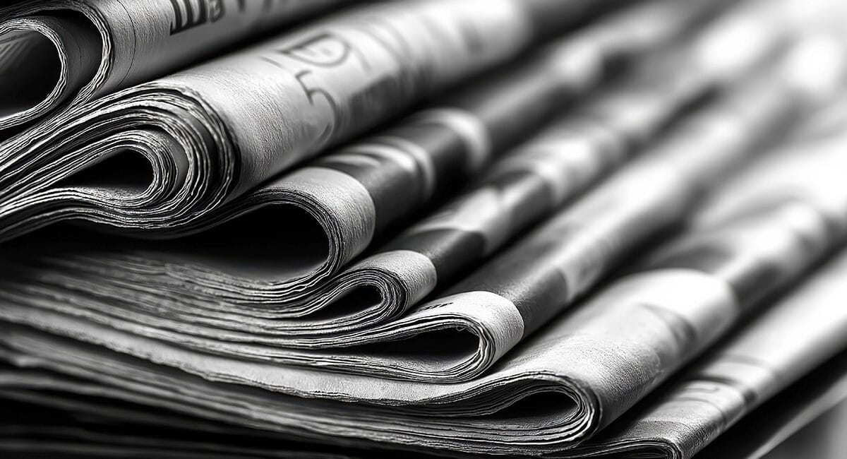 Close-up image of several neatly folded newspapers in black and | Meridian Source