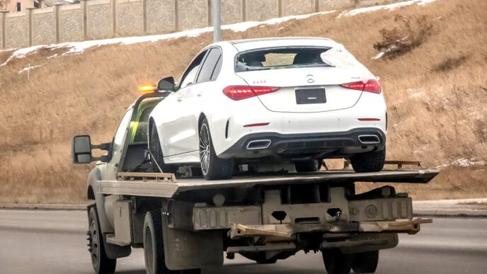 Calgary Alberta Canada Jan 18 2025 A white Mercedes-Benz se | Meridian Source towing