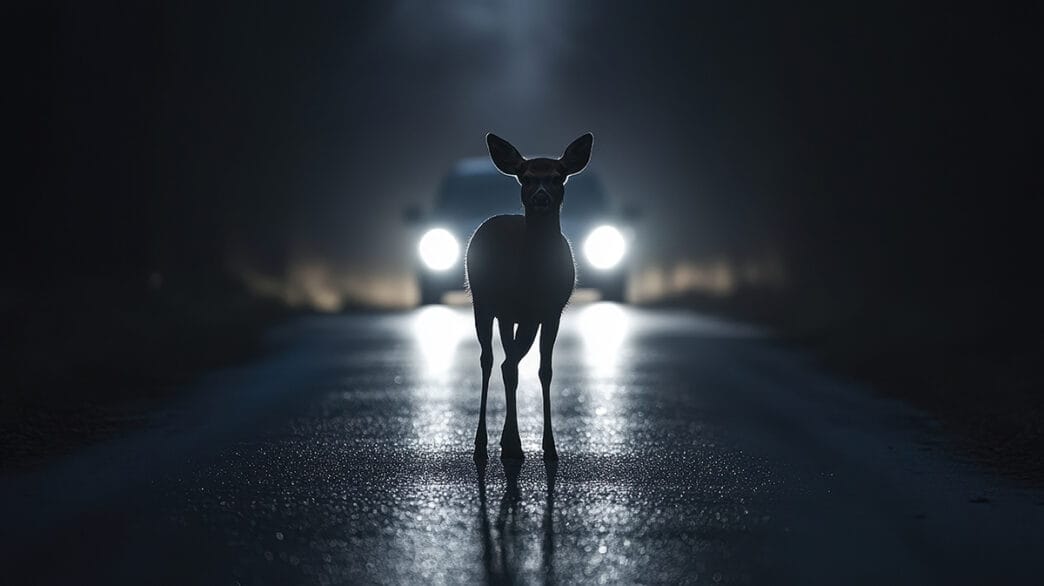 Deer standing on a dark road at night with car headlights in bac | Meridian Source