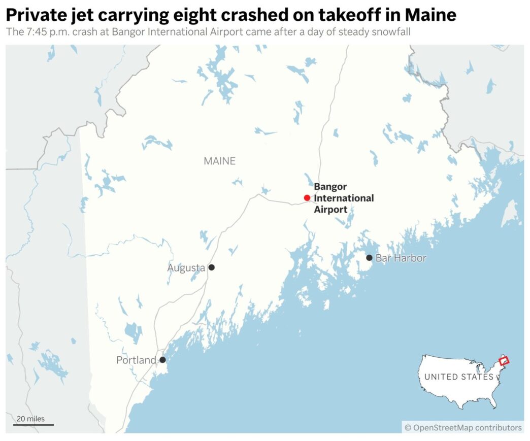 Federal Aviation Administration says 7 killed, 1 survived jet crash in snow in Bangor, Maine