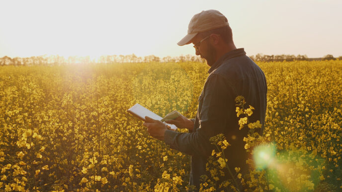 Agronomist Or Farmer Inspecting Canola Field | Meridian Source