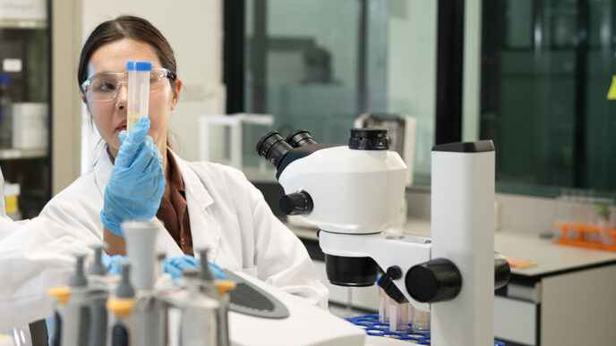 Female Scientist Examining Test Tube Sample in Modern Research Laboratory with Microscope | Meridian Source