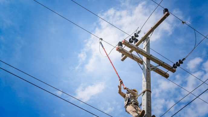 The power lineman use clamp stick insulated tool to closing a | Meridian Source